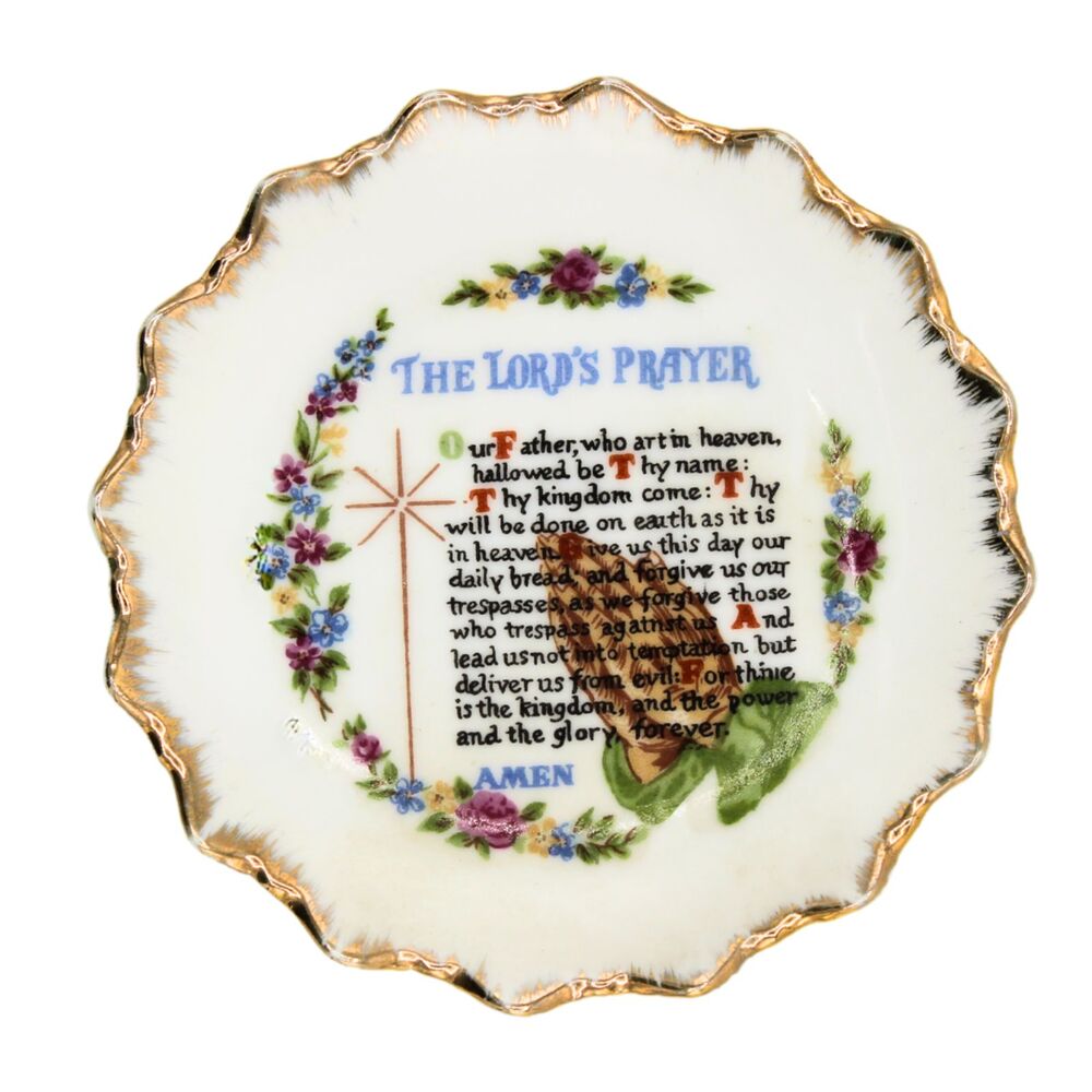 Vintage Porcelain Lord's Prayer Mini Plate from Japan Gold Trim Scallop Edge